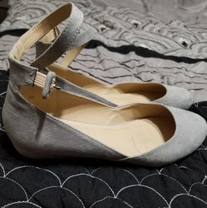 Gray Low Wedge Ankle Strap Flats